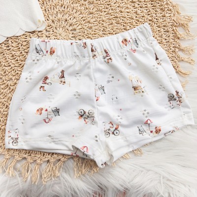 Conj. Blusa Casinha de Cogumelos com Coelhos e Short em Lese - Off White e Marrom